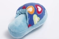 Blue plush pet toy shaped like a home slipper with colorful heart patterns and soft texture - Heart Slipper