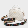 White quilted crossbody bag with stylish rainbow LOVE strap and gold zipper details - White