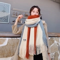 Knitted scarf in beige, caramel, and grey-blue colorblock stripes with tassels - Triple Color Beige Grey Orange
