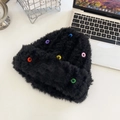 Black plush knit hat for women with colorful decorative buttons for winter warmth - Black Button Hat