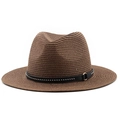 Detailed texture of dark brown fedora straw hat with black rivet decorative band - Coffee