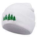 Close-up of green pine tree embroidery on a white knitted winter beanie hat - M (56-58cm) / White