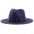 Detail of navy blue straw fedora with black leather band and gold stud embellishments - Navy Blue