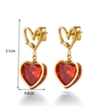 Gold plated stainless steel earrings featuring a red heart pendant and cubic zirconia studs - Gold Red Rhinestone Heart Stud Style (ER-1121)
