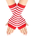 Detail of red and white striped knit fingerless long arm warmers with thumb holes - One Size / Red And White Thin Striped (10)