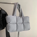Quilted gray down tote bag with wide padded shoulder straps and puffy check pattern - Gray
