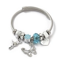 Blue crystal bead and heart pendant charm bracelet with silver stainless steel wire - Love Butterfly Snowflake (C2-021) / Blue