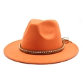 Detail of orange wool fedora featuring a brown braided leather band with gold beads - Orange
