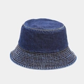 Detailed view of dark blue denim bucket hat with decorative yellow stitching detail - M / Flat Top Deep Blue