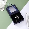 Navy blue drawer jewelry box with ribbon handle, clear window and soft velvet insert - 13*13*4CM / Dark Blue
