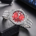 Close-up of luxury silver quartz watch with red sunray dial and full diamond setting - Silver Case Red Dial