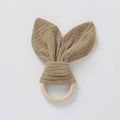 Light brown cotton gauze bunny ear baby comforter toy with natural wood teething ring - Dark Khaki