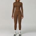 Ensemble de yoga marron sans couture avec veste zippée et legging taille haute - S / Haut Et Bas / Café Foncé