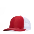 Red and white mesh trucker hat with a curved brim and decorative white stitching on the peak - Adjustable / Red + White Mesh