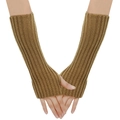 Winter knitted long fingerless gloves in camel color with thumb hole for arm warming - One Size / Khaki