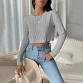Slim fit grey rib-knit long sleeve cropped top paired with classic blue denim jeans - S / Gray