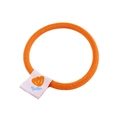 Detail of orange elastic hair tie featuring a tulip pattern embroidered on a white fabric tag - Orange