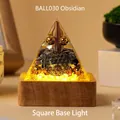 Obsidian tree of life resin pyramid with copper coil and warm glowing wooden base - Ball030+6cm Square Lamp Base
