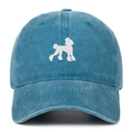 Close-up of white poodle embroidery on vintage washed blue denim baseball cap - Lake Blue
