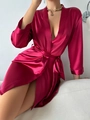 Elegant dark pink satin robe for women with V-neck and silk-like glossy finish - S / Red