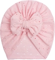 Detail of baby pink turban hat featuring breathable eyelet fabric and a large bow - Pink