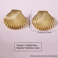 Golden scallop shell stud earrings in stainless steel with polished finish and radial lines - Stainless Steel Scallop Hoop