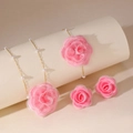 Pink fabric rose jewelry set with gold chain and pearls including necklace and earrings - Pink