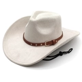 Dettaglio del cappello western in pelle scamosciata con cintura marrone e fibbia dorata - M(56-58cm) / Beige