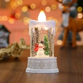 Macro detail of snowman inside an illuminated Christmas water candle with warm LED light - Candle Style Snowman