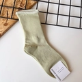 Pale green ribbed cotton socks with white rolled edges and Korean style design labels - One Size / Bean Green