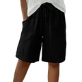 Women's summer black cotton linen shorts with drawstring elastic waist and pockets - S / Black