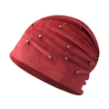 Detail of dark red chenille beanie featuring silver beads and rhinestone embellishments - Adjustable / Red With Steel Beads