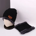 Winter black knit hat and neck warmer set with thick faux fleece lining for women - Black Fleece Lined Knit Hat and Scarf Set