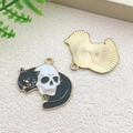 Gothic black cat and skull enamel pendant charm with gold trim and white details - Halloween Skeleton Cat Style 3