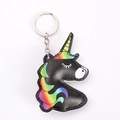 Close-up of black PU leather unicorn keychain with vibrant rainbow hair details and metal ring - Black Unicorn