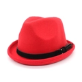 Close-up of red wool fedora hat featuring black leather band and metal buckle detail - M (56-59cm) / Red