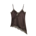 Close-up of chocolate brown satin camisole with delicate lace trim and asymmetric hem - Brown