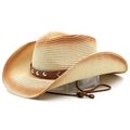 Vintage gradient straw cowboy hat with studded leather band and adjustable chin strap - M(56-58cm) / Beige Rust Red Gradient