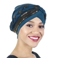 Detail of navy blue turban hat featuring a golden sequin braided twist design - Teal