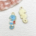 Blue enamel seahorse pendant with golden frame for DIY jewelry making and crafts - 1Pc Sea Horse 9x21mm