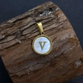 Natural sea shell round pendant with gold V initial and gold plated metal frame - Letter V / 17x20mm