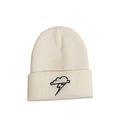 Close-up of cream knitted beanie featuring black cloud and lightning bolt embroidery detail - M (56-58cm) / White