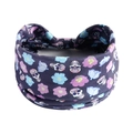 Macro detail of navy blue yoga headband featuring colorful skull and floral patterns - Skull Flower (Halloween)