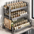 3-tier black stainless steel kitchen spice rack with knife and cutting board holders - 3-Layer Gun Grey 35CM Full Set (Chopstick Tube + Board Rack) + 4 Hooks