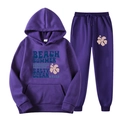 Purple fleece hooded tracksuit with letter print sweatshirt and drawstring pants - S (L) / Purple-Beach Print Style(2)