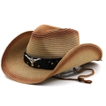 Gradient Western cowboy straw hat with silver bull head accessory and windproof rope - Khaki Coffee Gradient