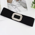 Women's black elastic wide belt featuring a luxury sparkling rhinestone rectangle buckle - EL261
