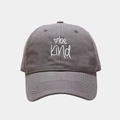 Detail of white be kind embroidery on dark grey cotton baseball cap with heart pattern - M (56-58cm) / Gray