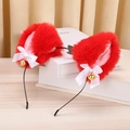 Plush red cat ear headband with white satin bows and gold bells on a black metal frame - Red