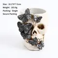 Skull resin holder with grey butterflies, size 10.3x8x7.5cm and weighing 183.9g - Skull Butterfly Pen Holder